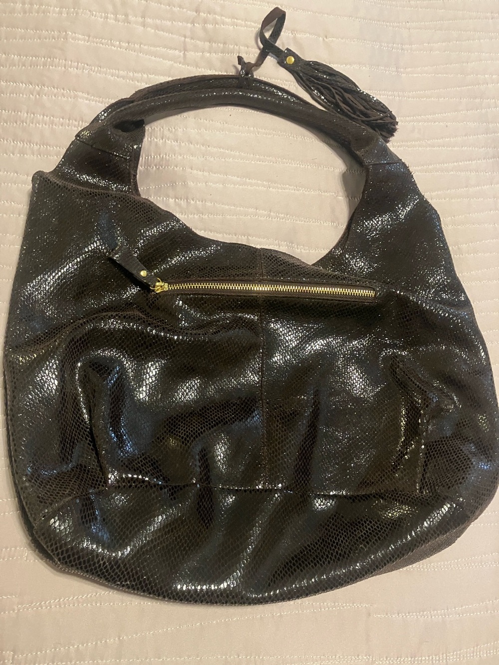 Maxine Couture Dark Brown Shiny Snakeskin Textured Hobo Bag with Tassel